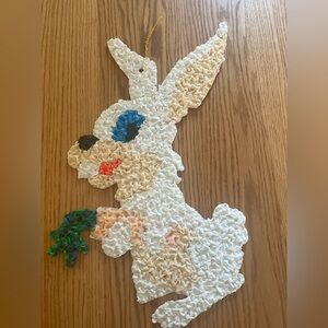 Melted down Plastic Popcorn White Easter Rabbit w/Carrot Spring Vintage Decorati